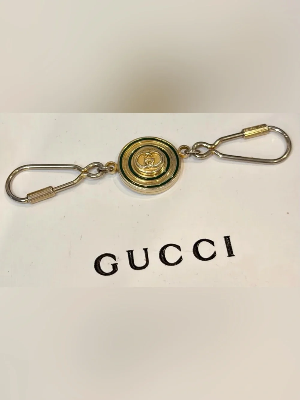 Vtg. GUCCI Horse-bit Green & Gold Round Enamel Keychain